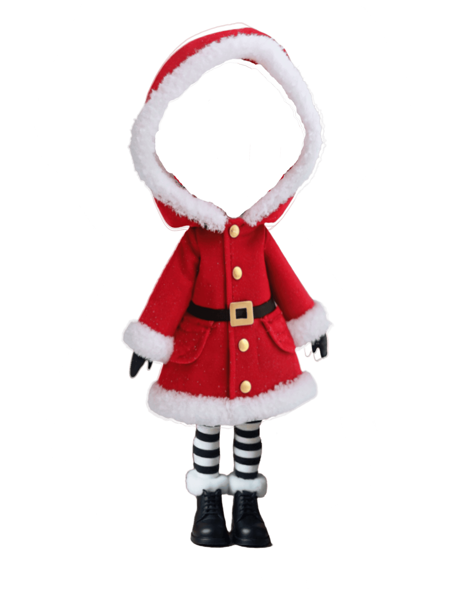 Child's Santa Claus outfit with red top, white fur trim, black belt, and striped leggings